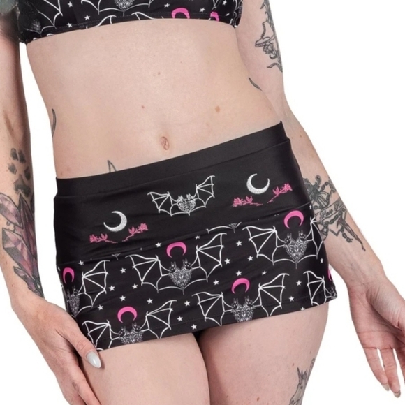 Too Fast ✦ Two-Headed Bat Skirted Bikini ✦ Retro Goth Swim Set w/ Pink Moons S - Picture 6 of 11